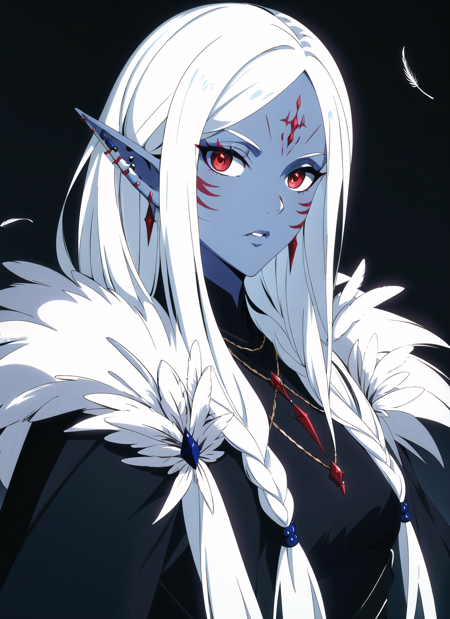 11072184-1650465301-drow, female, pointy ears, solo, long hair, jewelry, earrings, feathers, braid, red eyes, colored skin, looking at viewer, upper.png
